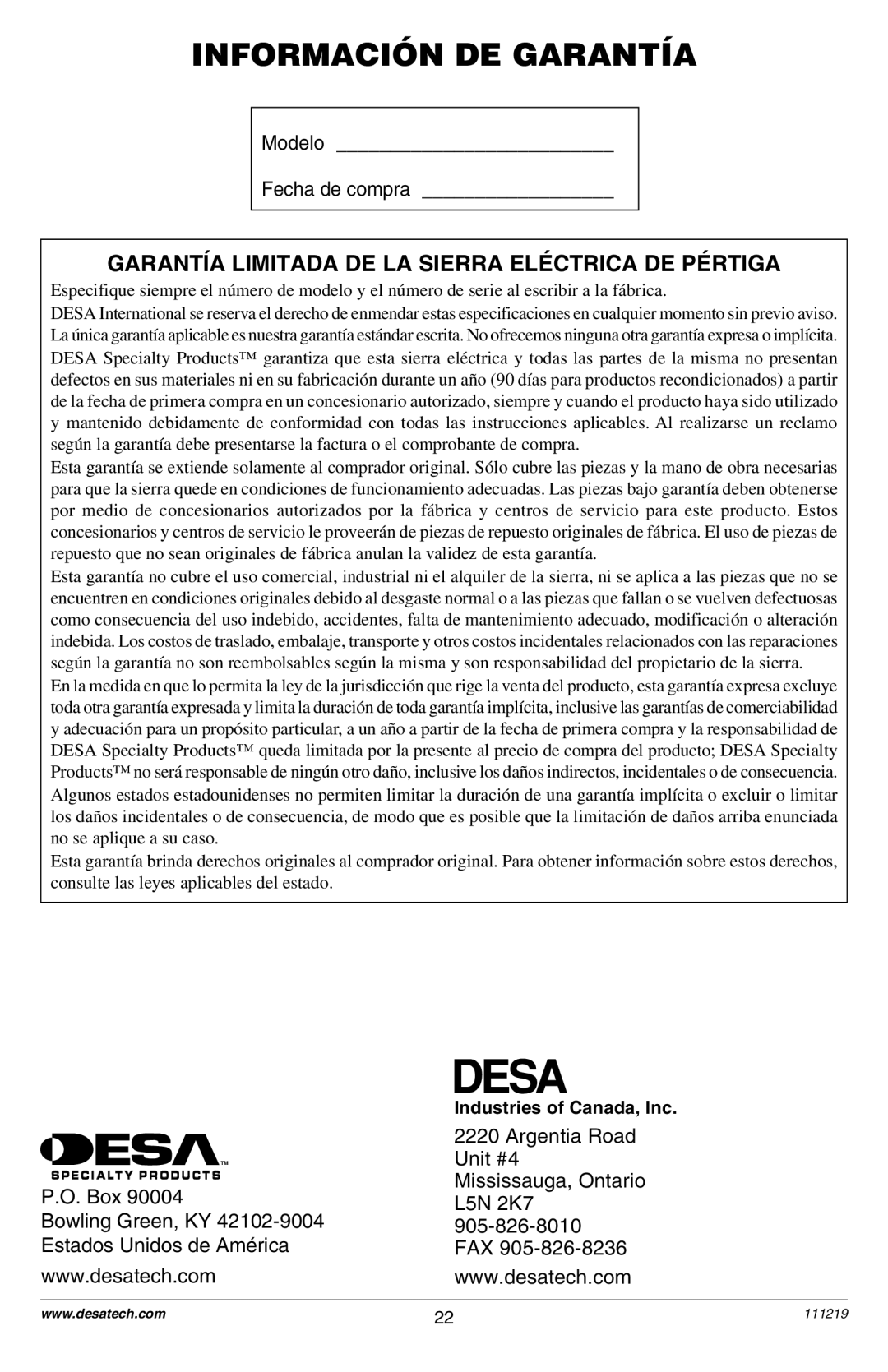 Remington RPS2N1: 106821A owner manual INFORMACIîN DE GARANTêA, GARANTêA Limitada DE LA Sierra ELƒCTRICA DE PƒRTIGA 