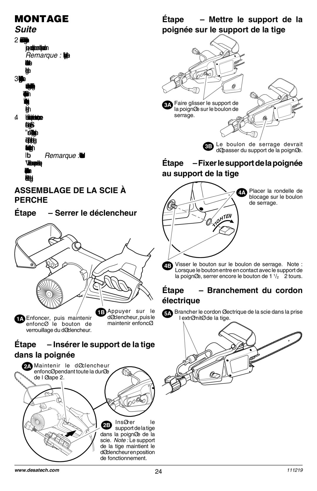 Remington RPS2N1: 106821A owner manual Assemblage DE LA Scie Ë Perche, Ƒtape ❶ Ð Serrer le dŽclencheur 