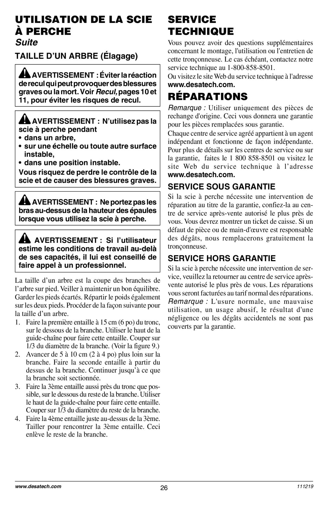 Remington RPS2N1: 106821A owner manual Utilisation DE LA Scie Perche, Service Technique, RƒPARATIONS, Service Sous Garantie 