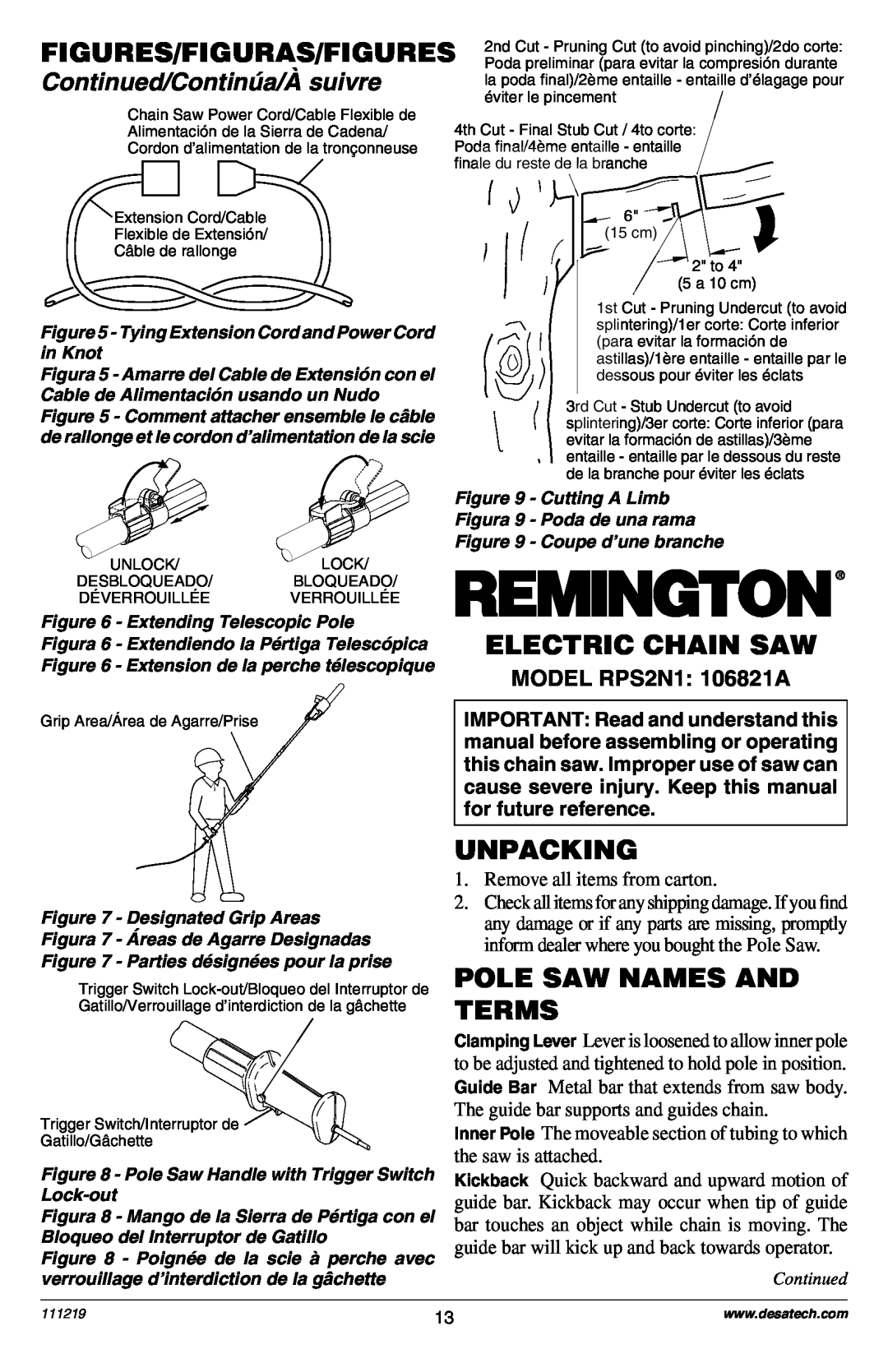 Remington RPS2N1: 106821A Electric Chain Saw, Unpacking, Pole Saw Names And Terms, Continued/Continœa/Ë suivre, in Knot 