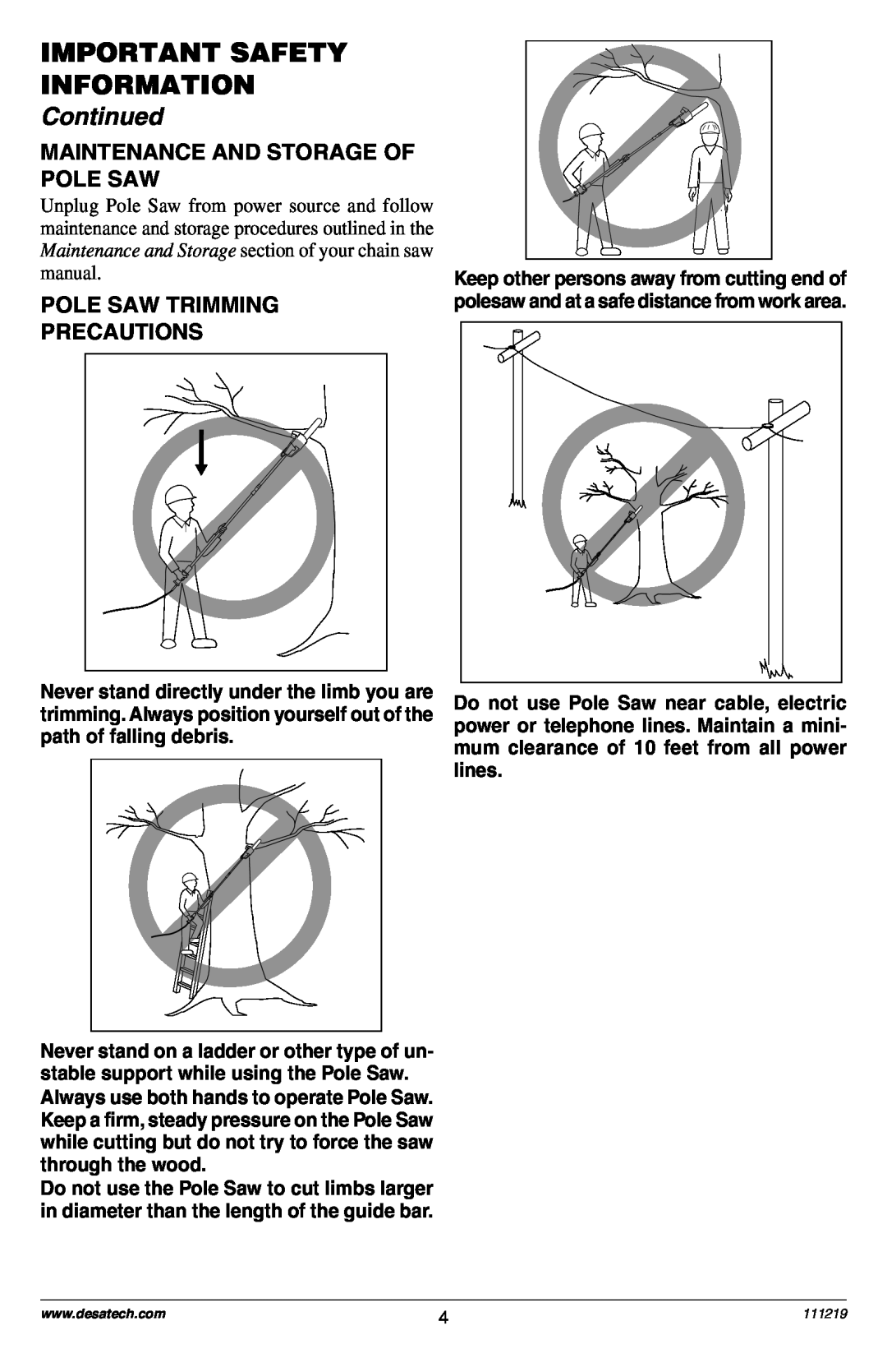 Remington RPS2N1: 106821A Maintenance And Storage Of Pole Saw, Pole Saw Trimming Precautions, Important Safety Information 