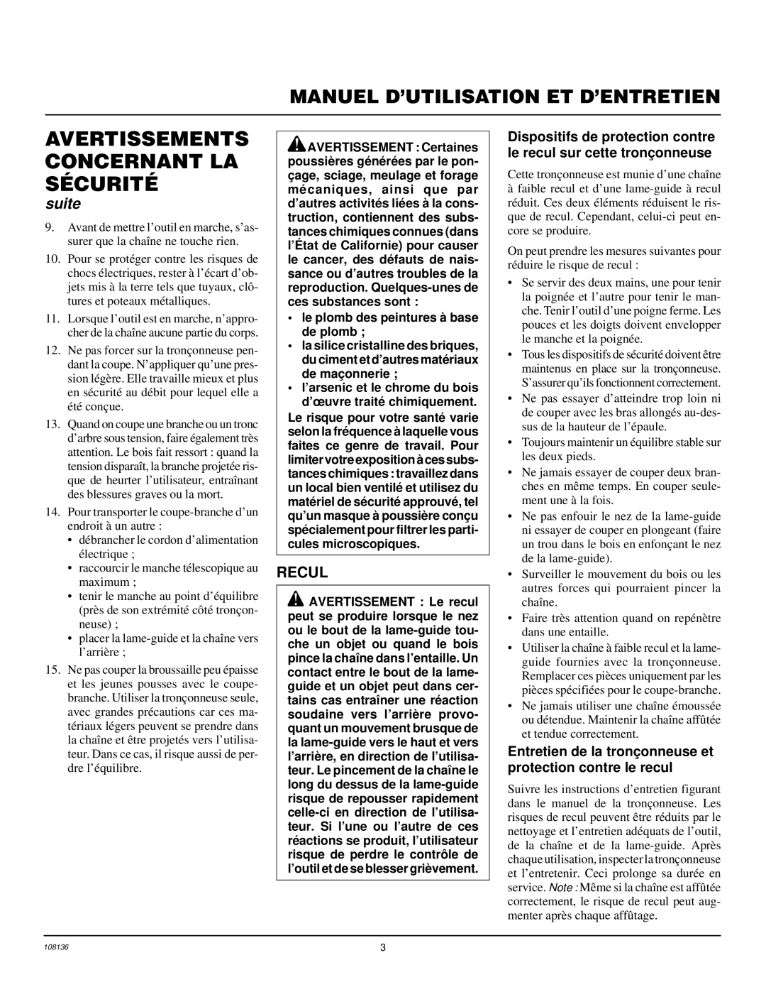 Remington RPS96 owner manual Avertissements Concernant LA Sécurité, Recul 