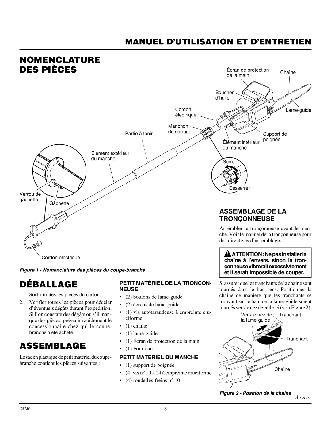 Remington RPS96 Nomenclature DES Pièces, Déballage, Assemblage DE LA Tronç Onneuse, Sortir toutes les pièces du carton 