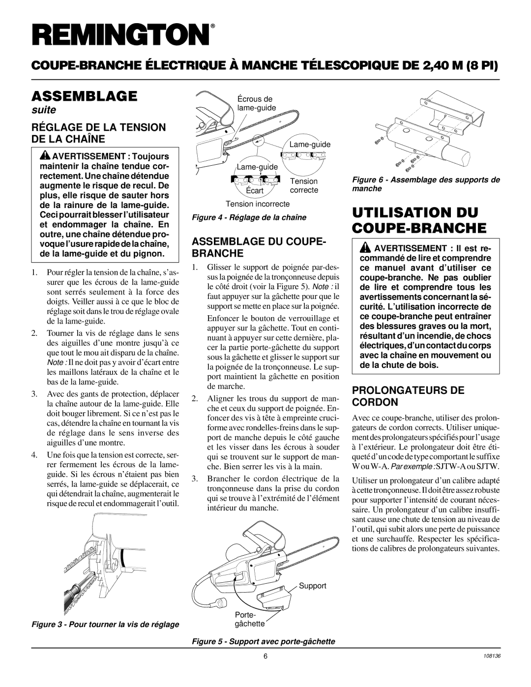 Remington RPS96 Utilisation DU COUPE-BRANCHE, RÉ Glage DE LA Tension DE LA Chaîne, Assemblage DU COUPE- Branche 