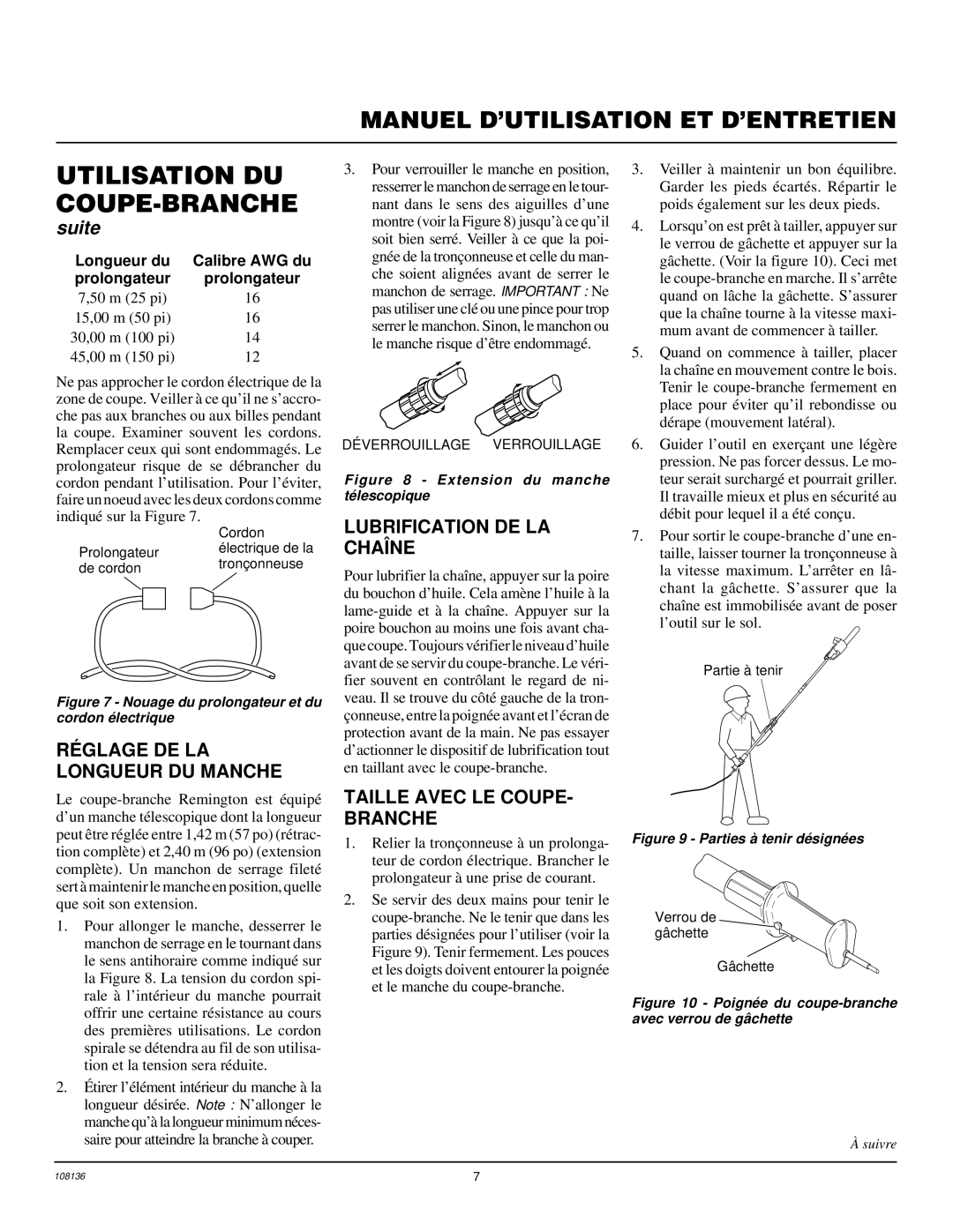 Remington RPS96 owner manual RÉ Glage DE LA Longueur DU Manche, Lubrification DE LA Chaîne, Taille Avec LE COUPE- Branche 