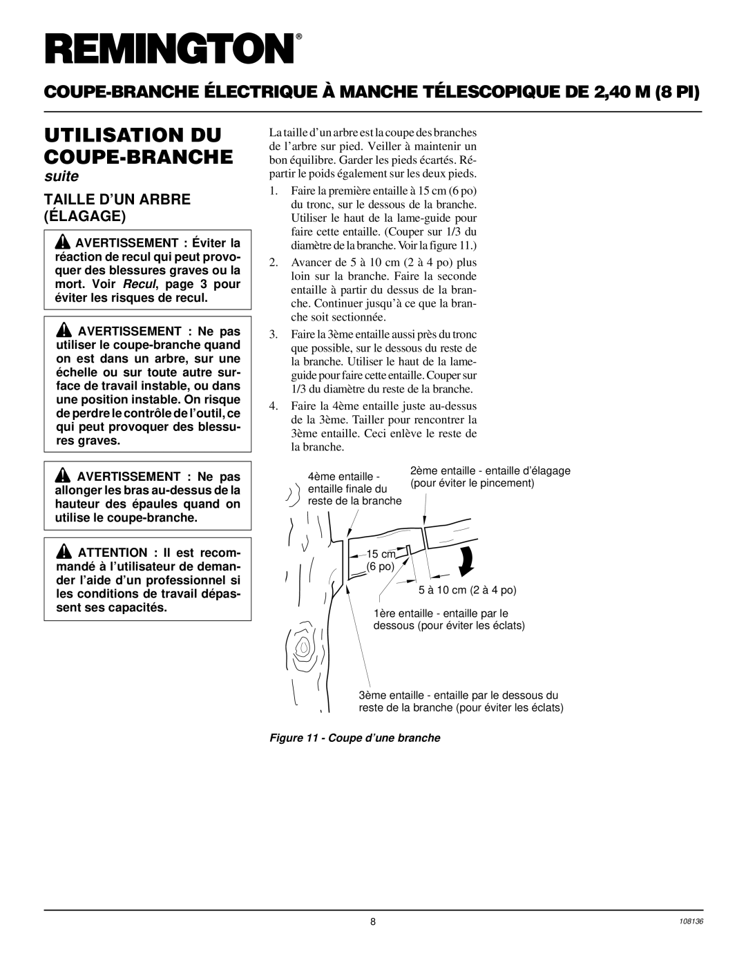 Remington RPS96 owner manual Taille D’UN Arbre É Lagage, 10 cm 2 à 4 po 