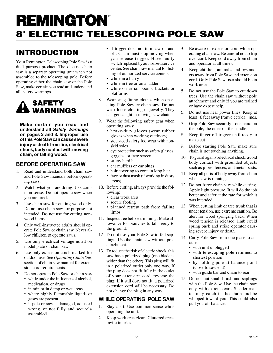 Remington RPS96 owner manual Introduction, Safety, Before Operating SAW, While Operating Pole SAW 