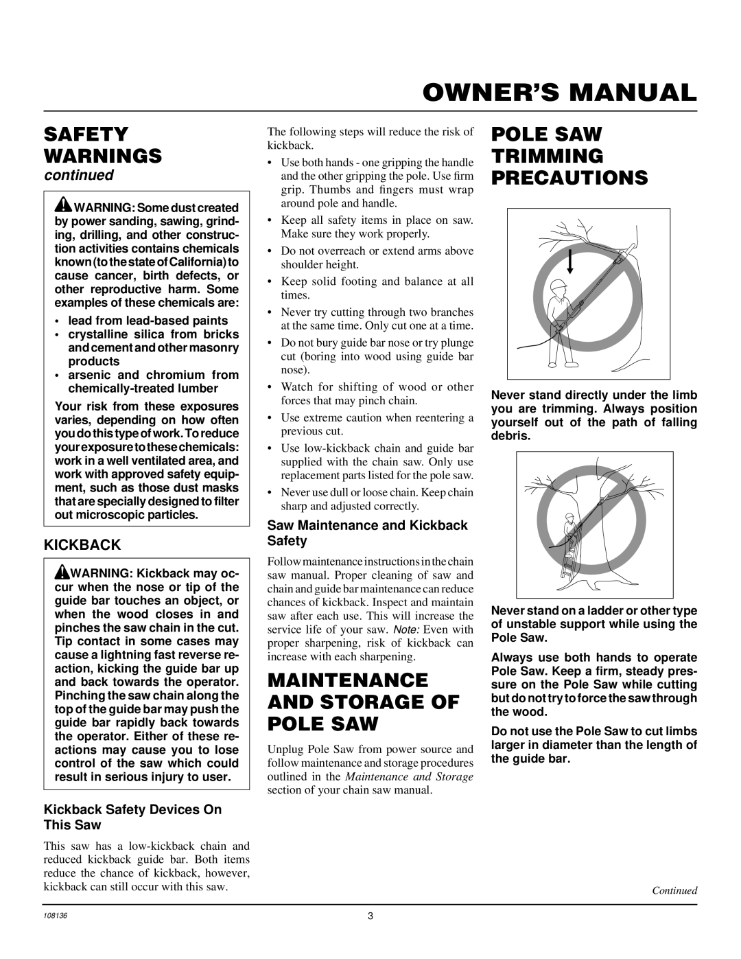 Remington RPS96 owner manual Maintenance and Storage of Pole SAW, Pole SAW Trimming Precautions, Kickback 