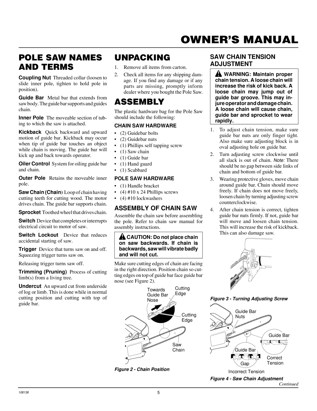 Remington RPS96 owner manual Pole SAW Names and Terms, Unpacking, Assembly of Chain SAW, SAW Chain Tension Adjustment 