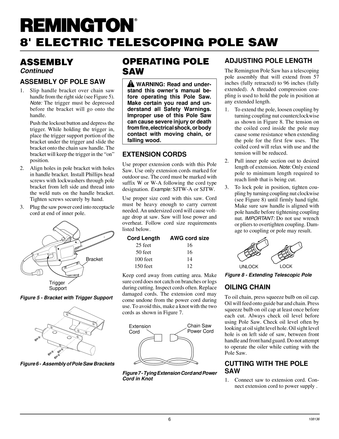 Remington RPS96 owner manual Operating Pole SAW 