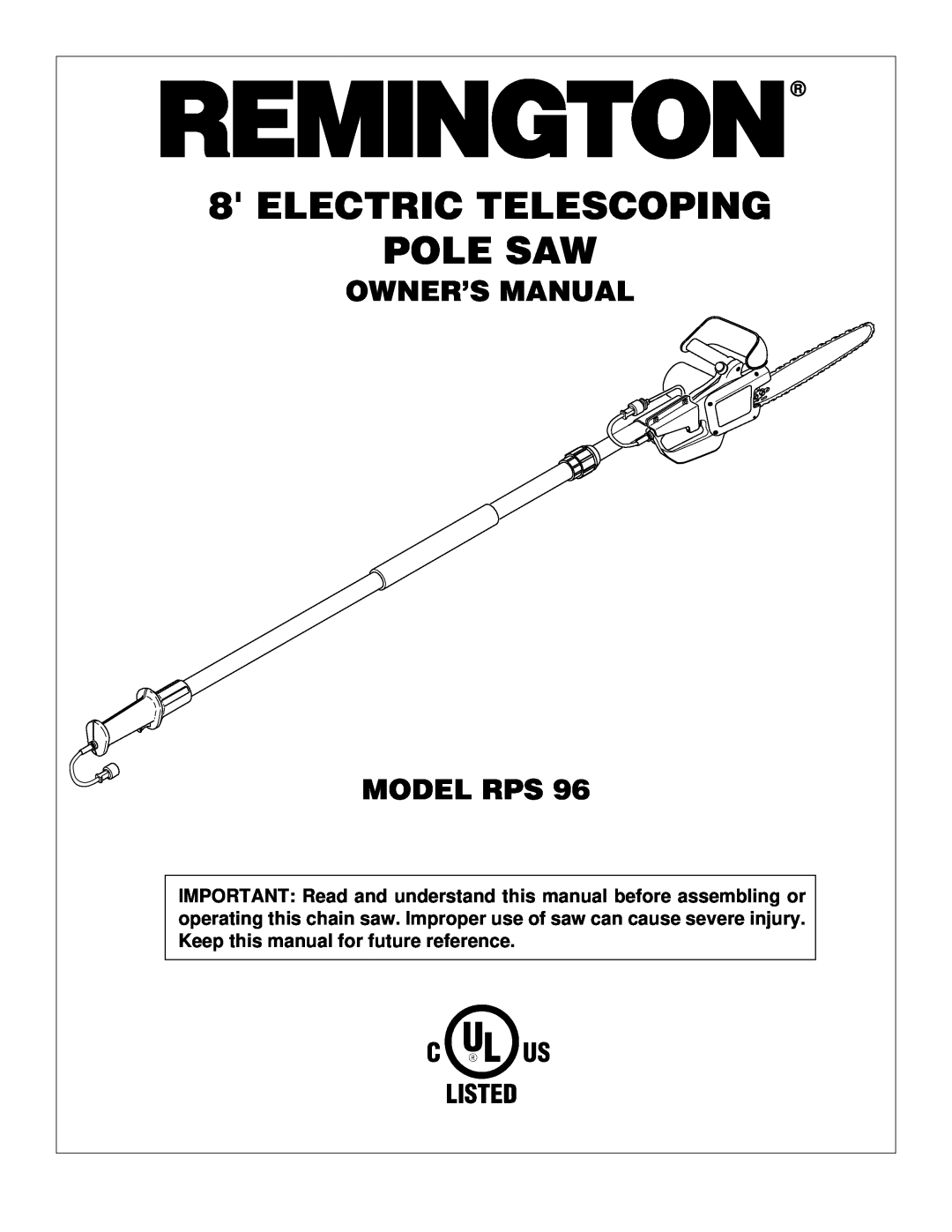 Remington RPS96 owner manual Electric Telescoping Pole Saw 