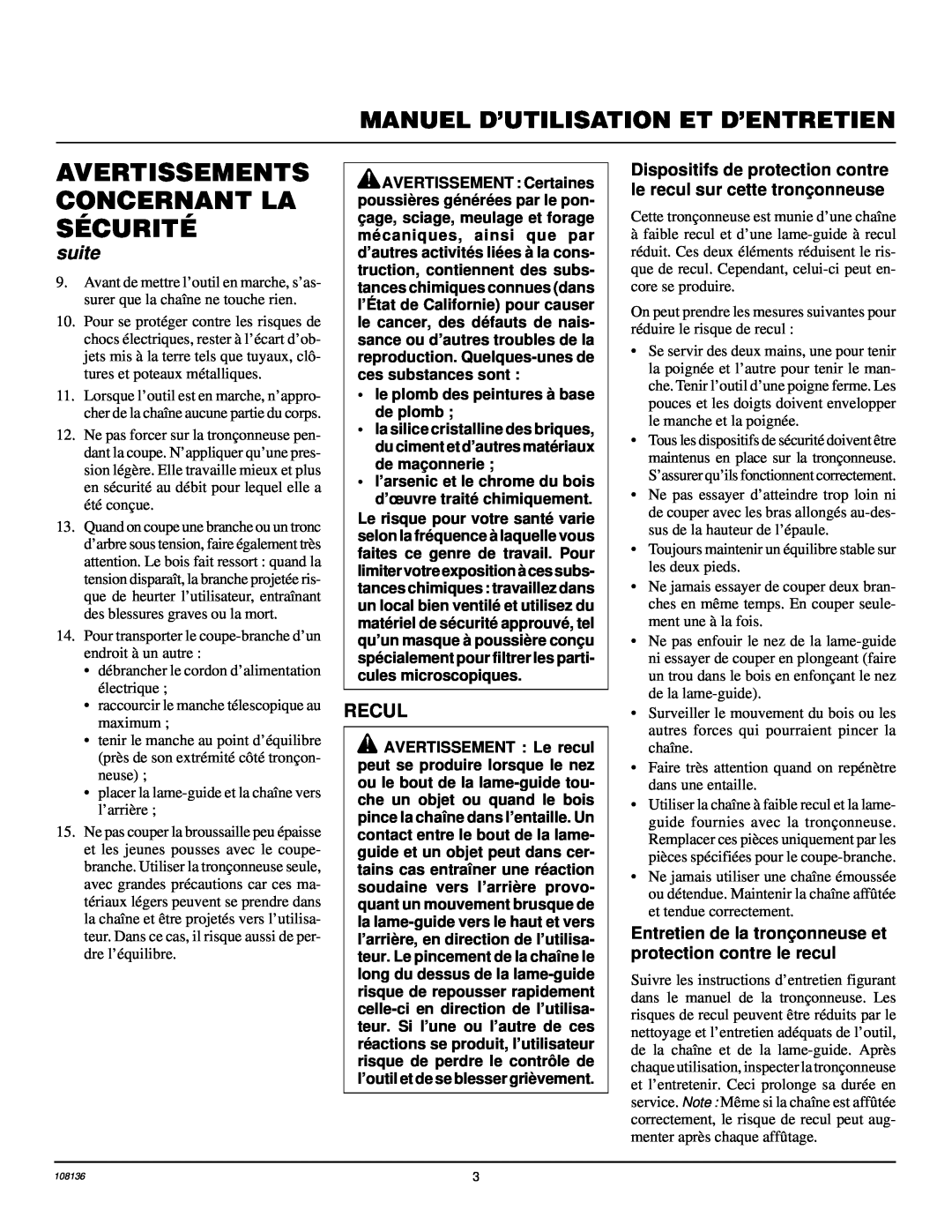 Remington RPS96 owner manual Avertissements Concernant La Sécurité, Manuel D’Utilisation Et D’Entretien, suite, Recul 