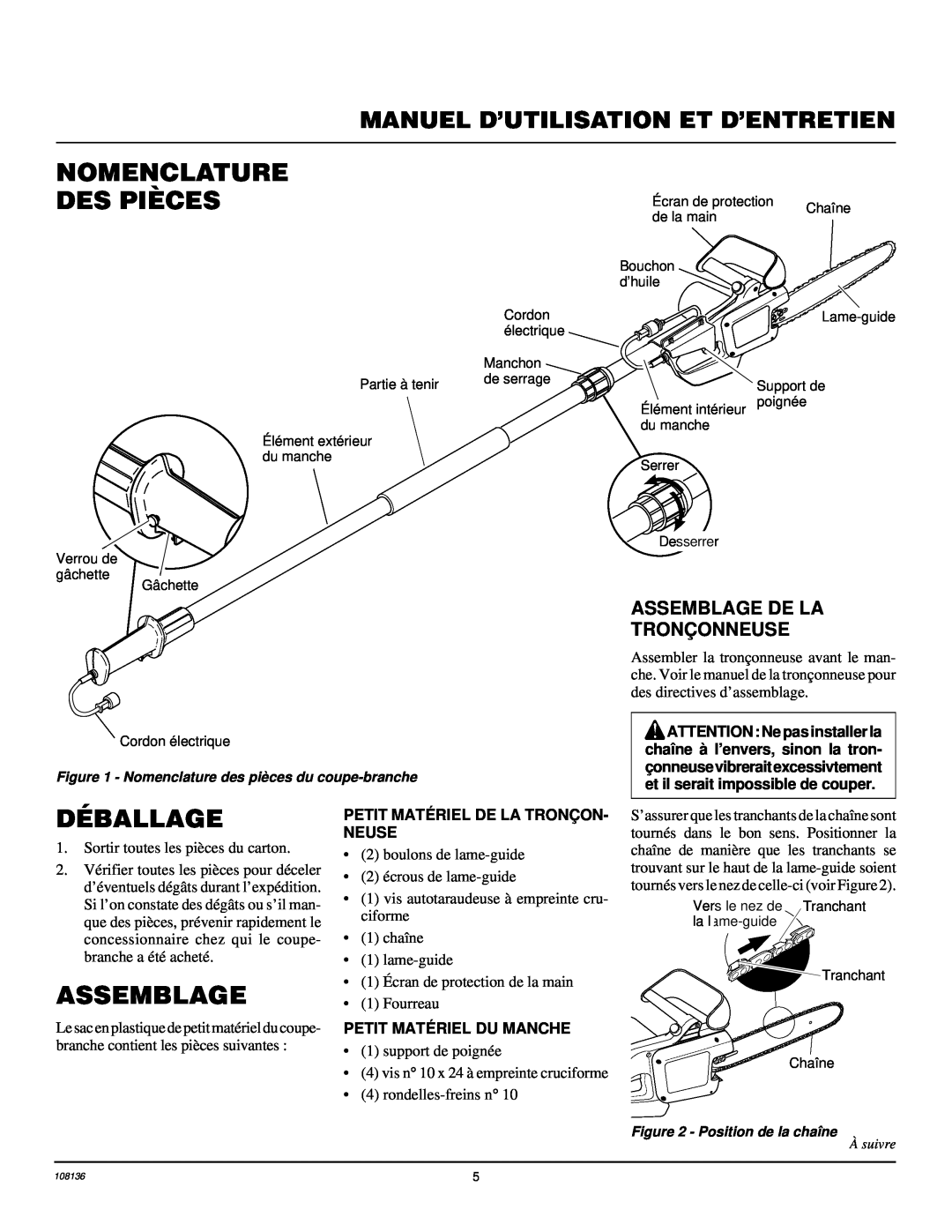 Remington RPS96 Nomenclature Des Pièces, Déballage, Assemblage De La Tronç Onneuse, Position de la chaîne, À suivre 