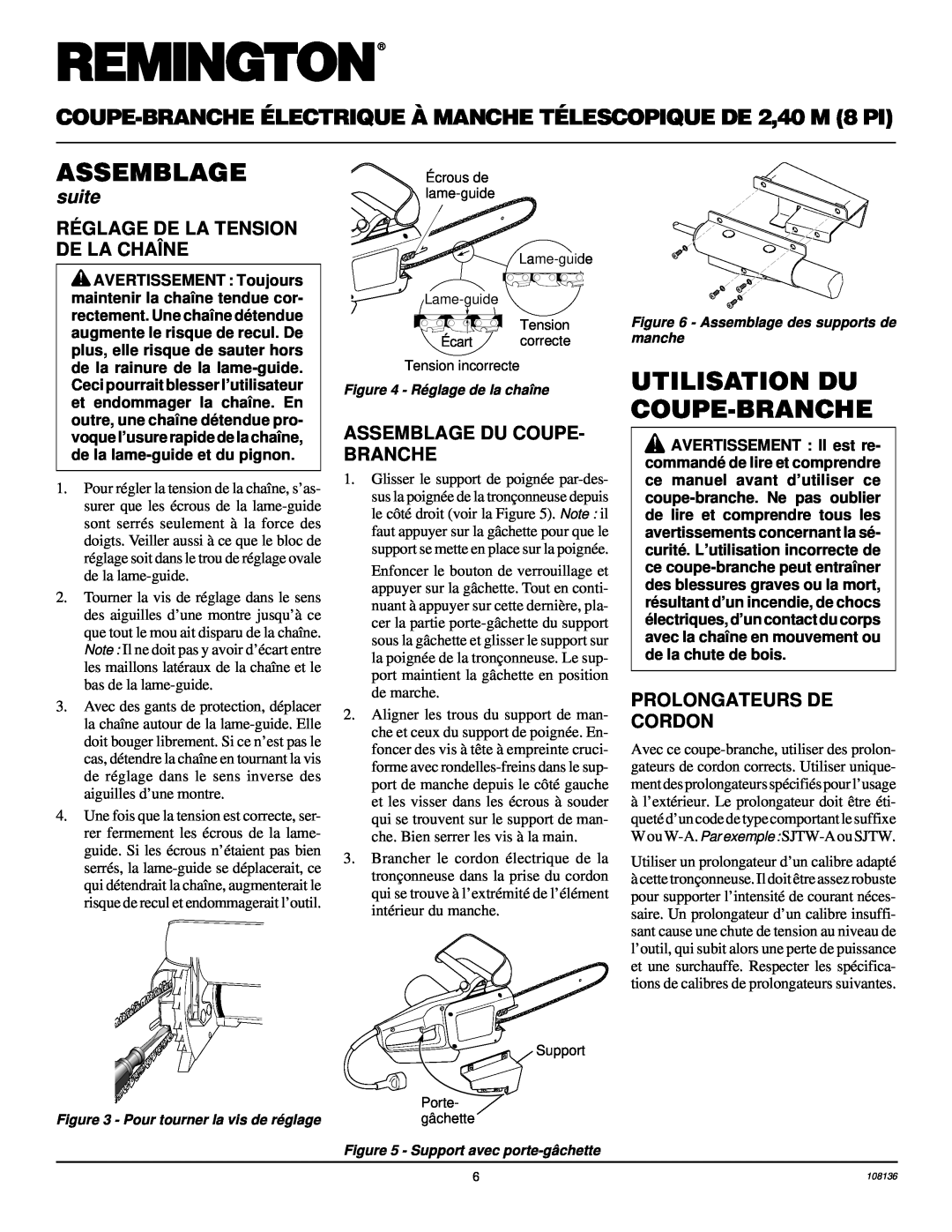 Remington RPS96 Utilisation Du Coupe-Branche, Ré Glage De La Tension De La Chaîne, Assemblage Du Coupe- Branche, suite 