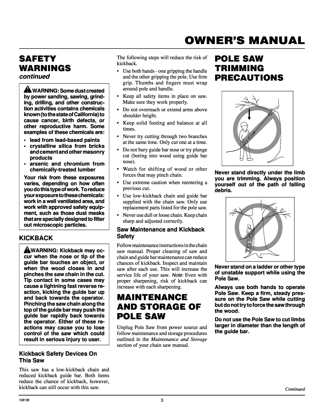Remington RPS96 Maintenance And Storage Of Pole Saw, Pole Saw Trimming Precautions, continued, Kickback, Safety Warnings 