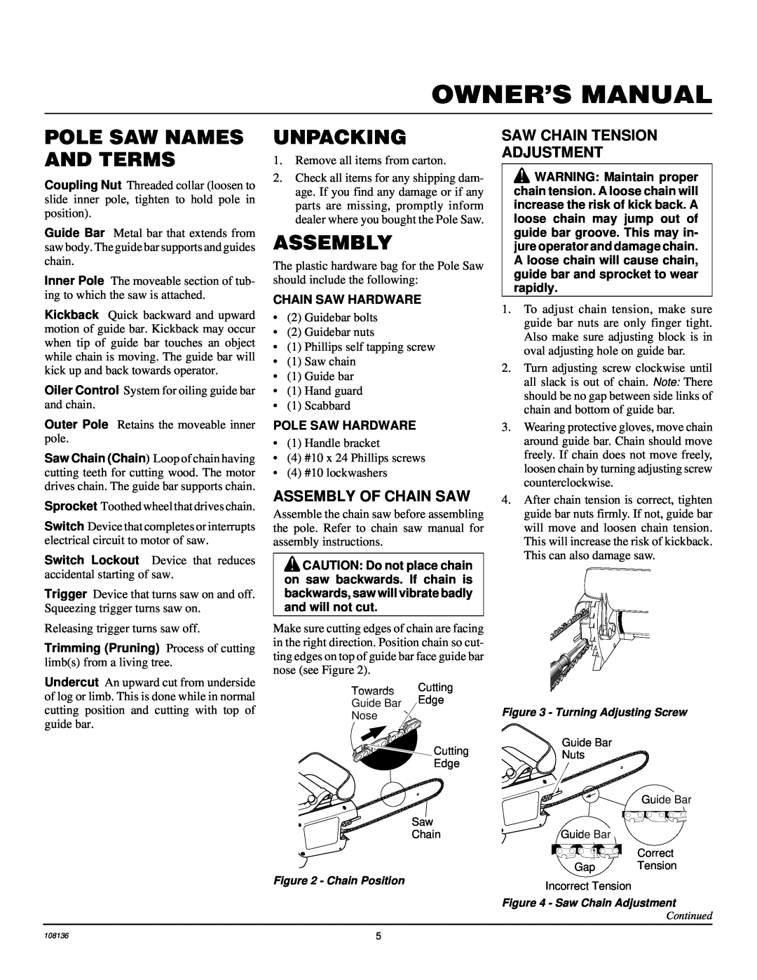 Remington RPS96 owner manual Pole Saw Names And Terms, Unpacking, Assembly Of Chain Saw, Saw Chain Tension Adjustment 