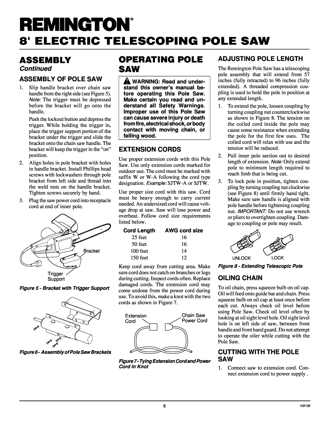Remington RPS96 Operating Pole Saw, Assembly Of Pole Saw, Extension Cords, Adjusting Pole Length, Oiling Chain, Continued 