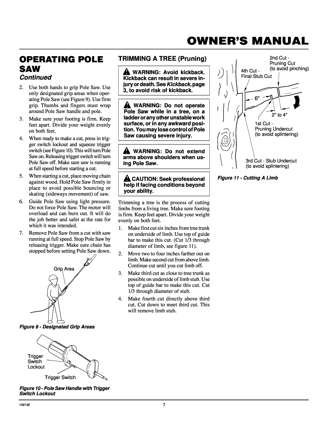 Remington RPS96 owner manual TRIMMING A TREE Pruning, Operating Pole Saw, Continued 