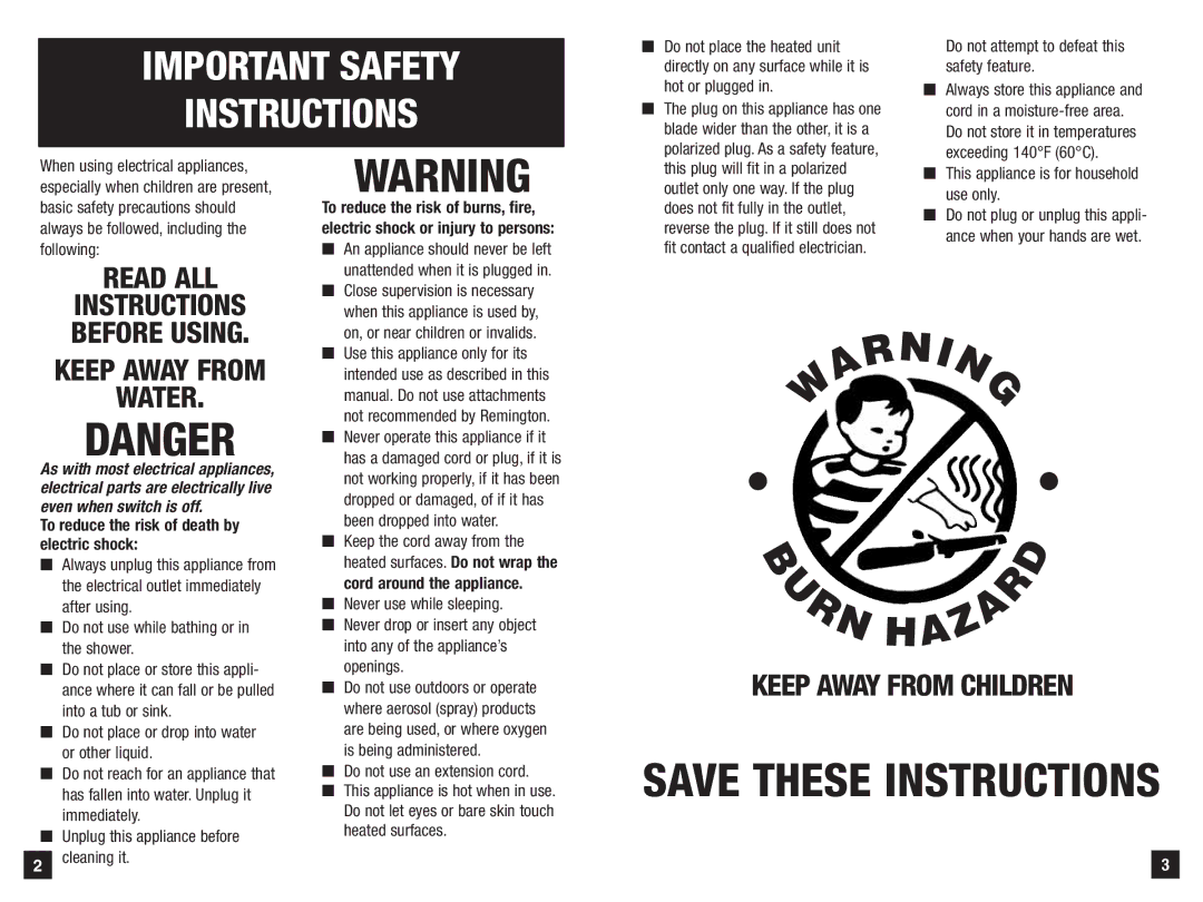 Remington S-1004 manual Important Safety Instructions 