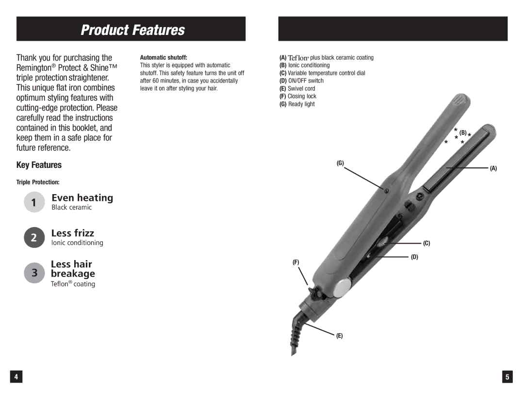 Remington S-1004 manual Product Features, Key Features, Triple Protection, Automatic shutoff 