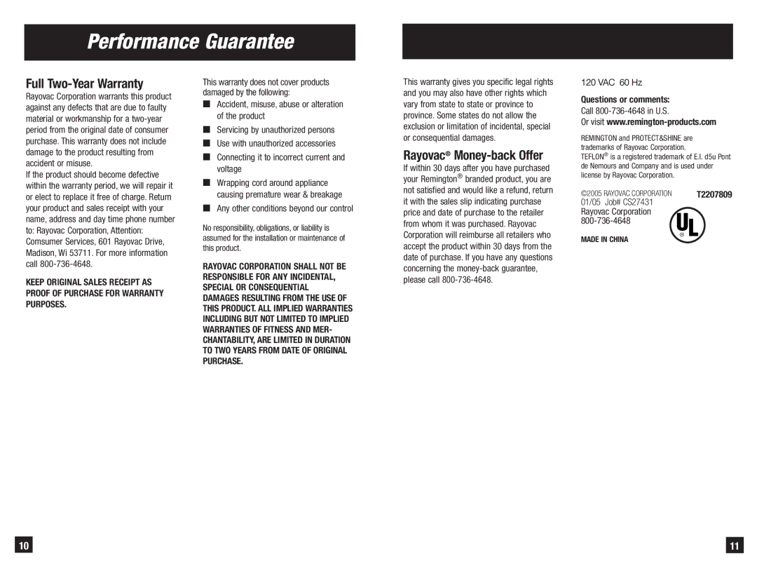 Remington S-1004 manual Performance Guarantee, Full Two-Year Warranty, Rayovac Money-back Offer, Questions or comments 