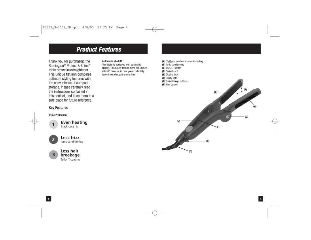 Remington S-1009 manual Product Features, Key Features, Triple Protection, Automatic shutoff 