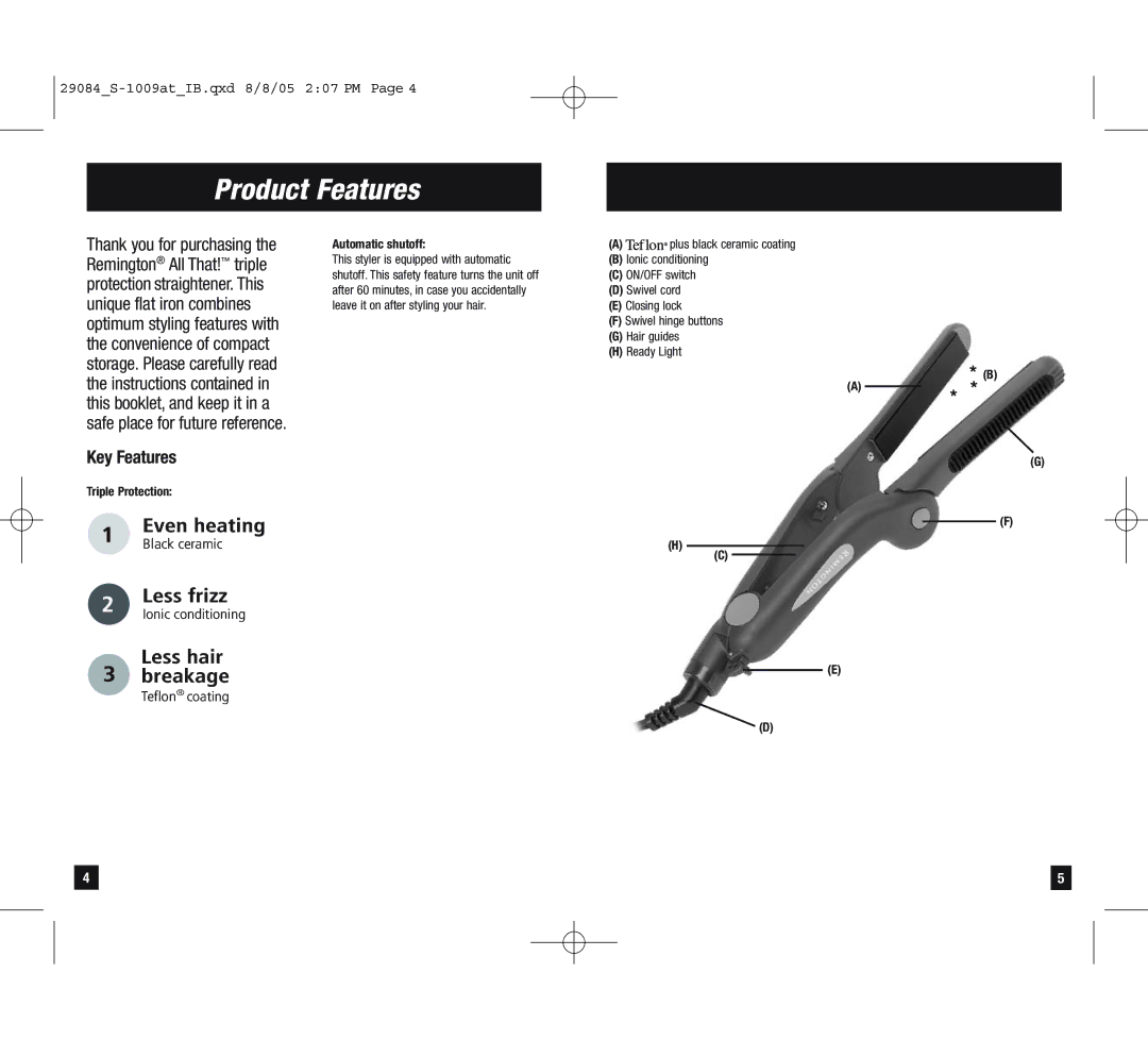 Remington S-1009at manual Product Features, Key Features, Triple Protection, Automatic shutoff 