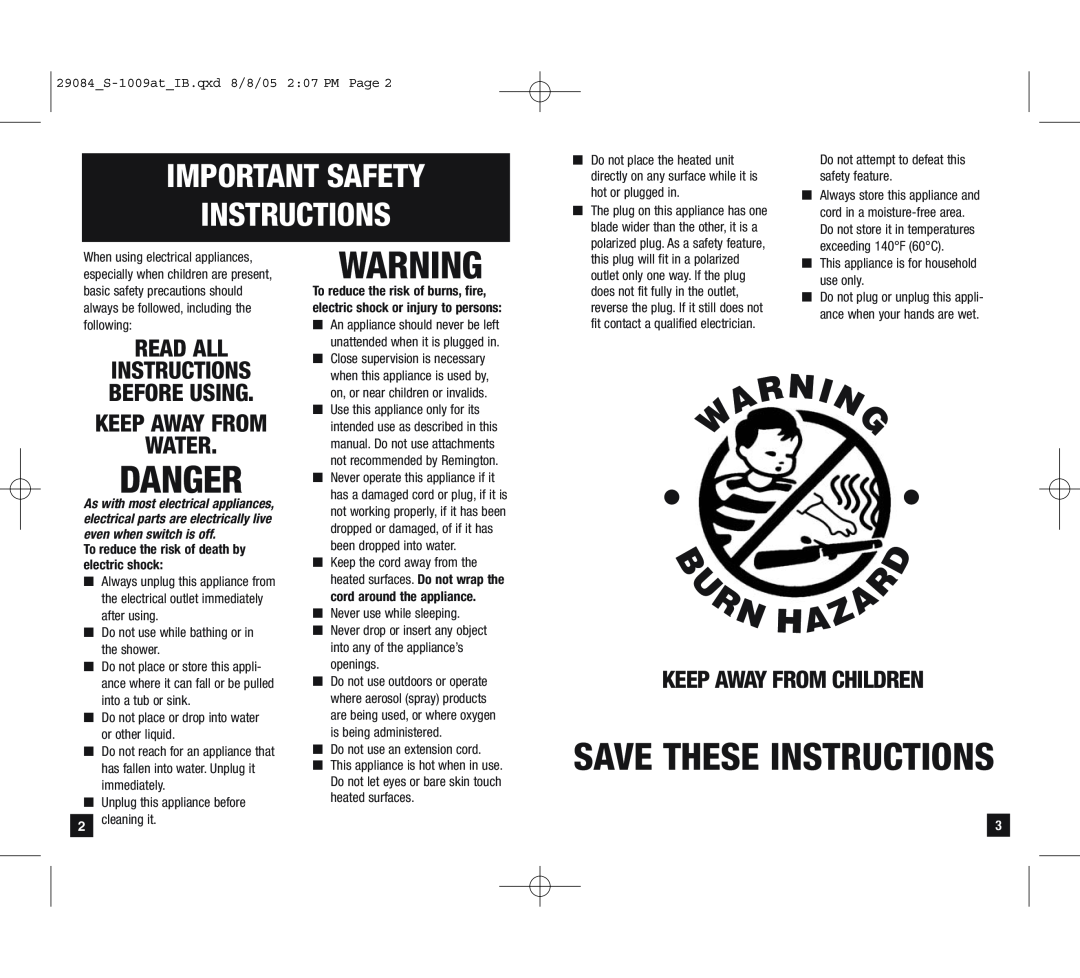 Remington S-1009at manual Danger, Save These Instructions, Important Safety Instructions, Read All, Water, Keep Away From 