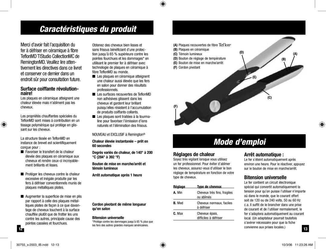 Remington S-2003 manual Caractéristiques du produit, Mode d’emploi 