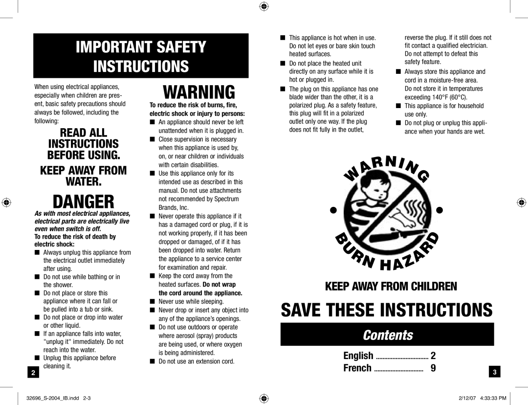 Remington S-2004 manual Contents, Cord around the appliance, English 