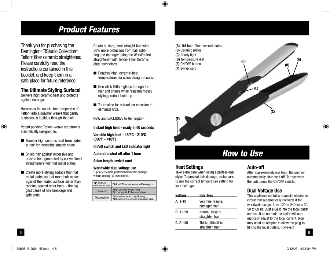 Remington S-2004 manual Product Features, How to Use, Heat Settings 