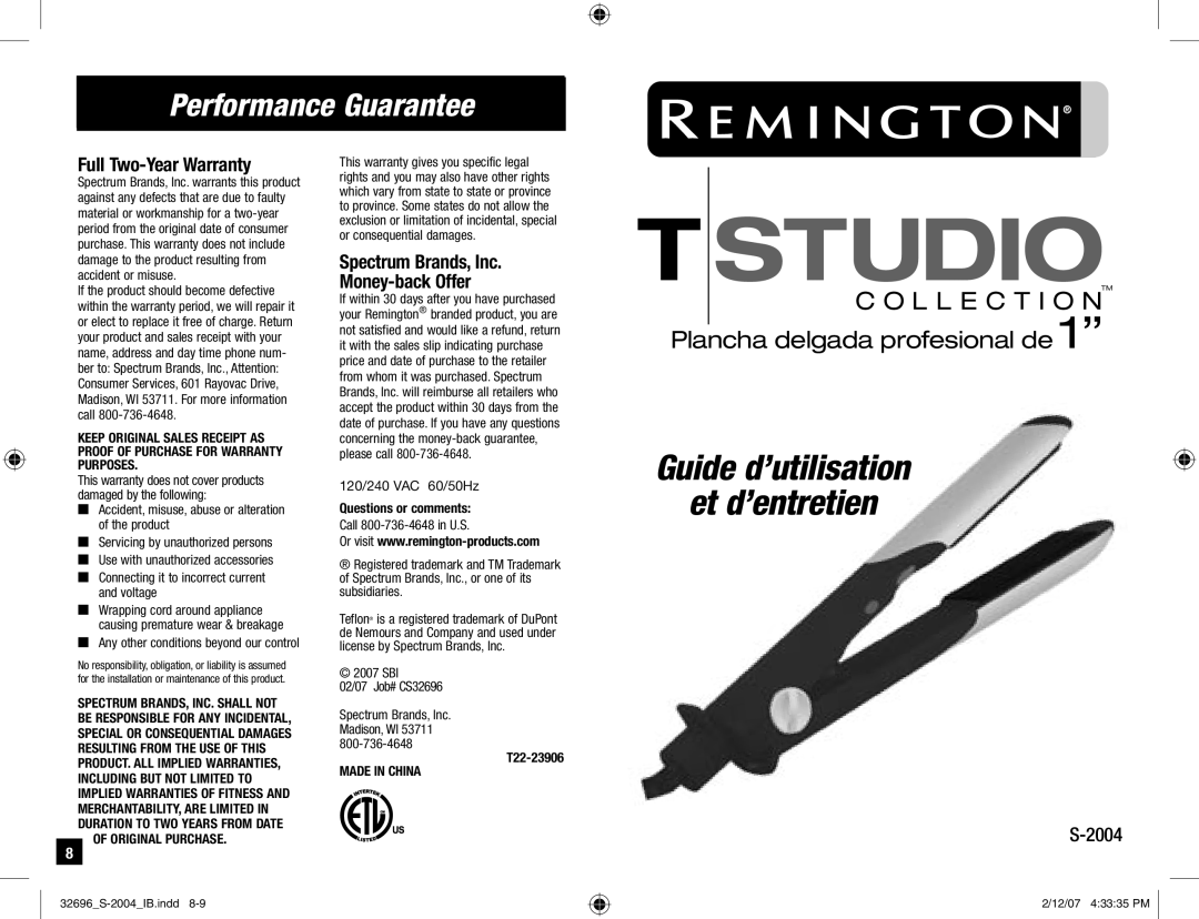 Remington S-2004 manual Performance Guarantee, Full Two-Year Warranty, Spectrum Brands, Inc Money-back Offer, T22-23906 