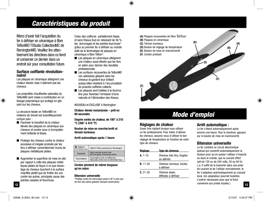 Remington S-2004 manual Caractéristiques du produit, Mode d’emploi 