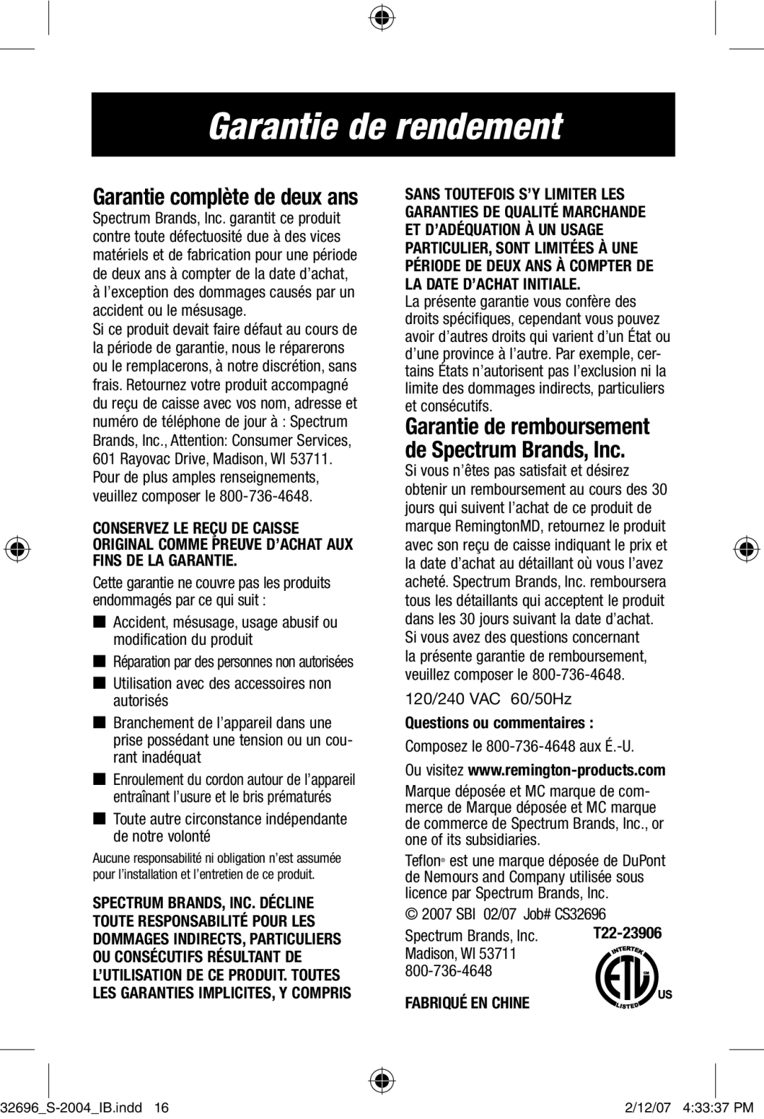 Remington S-2004 manual Garantie de rendement, Garantie de remboursement de Spectrum Brands, Inc, Questions ou commentaires 