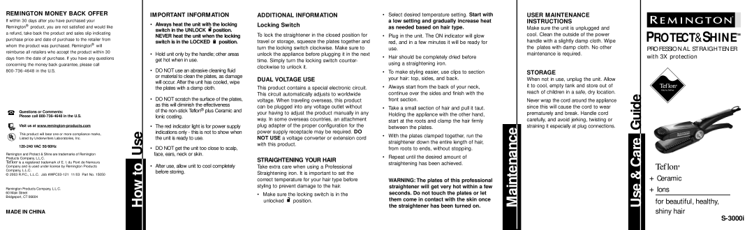 Remington S-3000i manual How to Use, Maintenance, Care 