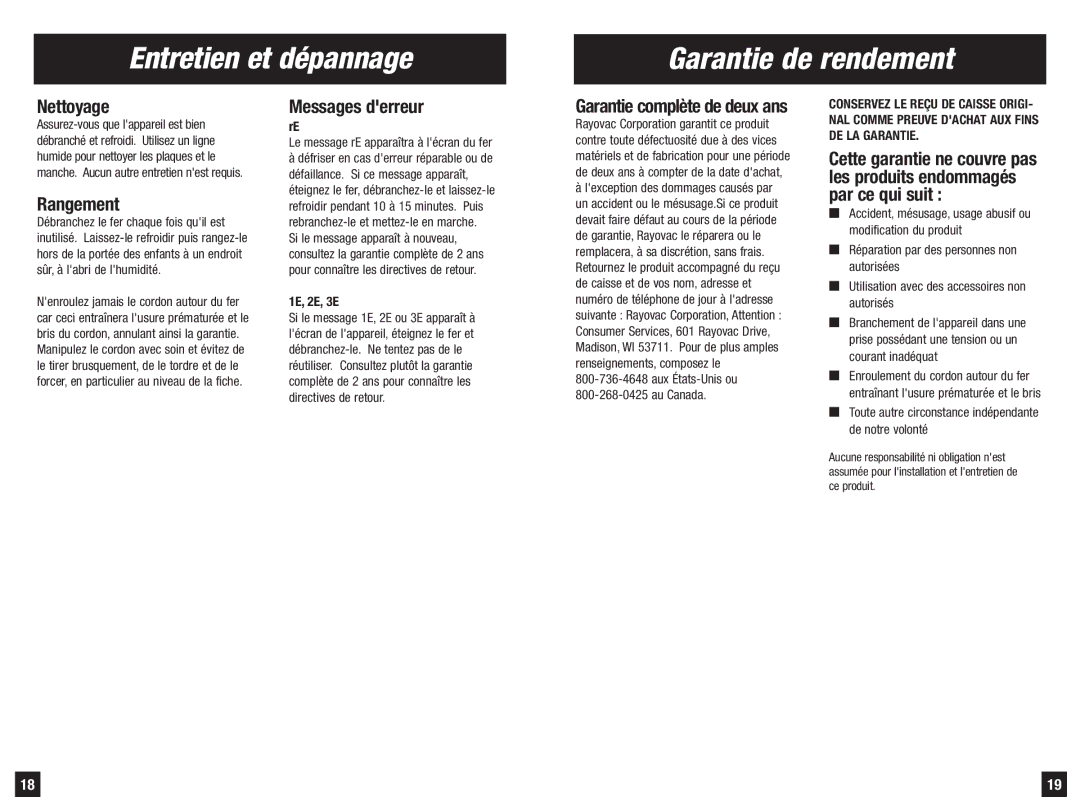 Remington S-7900iC manual Entretien et dépannage Garantie de rendement, Nettoyage, Rangement, Messages derreur 