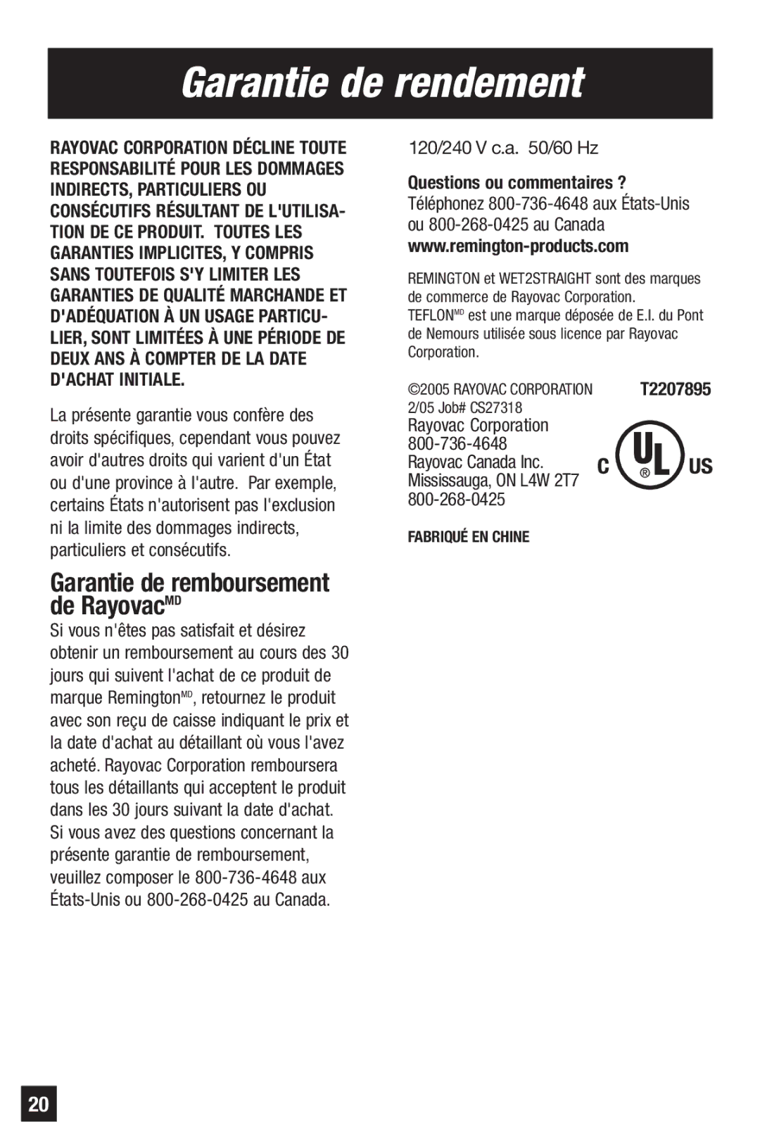 Remington S-7900iC manual Garantie de remboursement de RayovacMD, 120/240 V c.a /60 Hz 