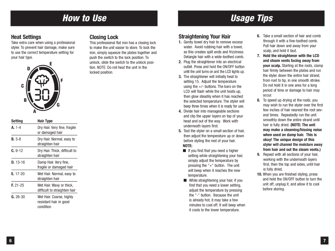 Remington S-7900iC manual How to Use Usage Tips, Heat Settings, Closing Lock, Straightening Your Hair, Setting Hair Type 