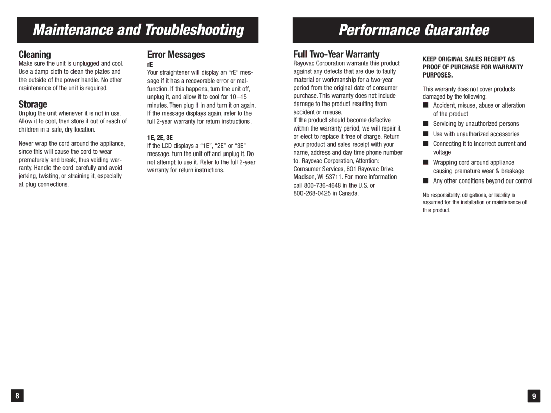 Remington S-7900iC manual Maintenance and Troubleshooting Performance Guarantee, Cleaning, Storage, Error Messages 