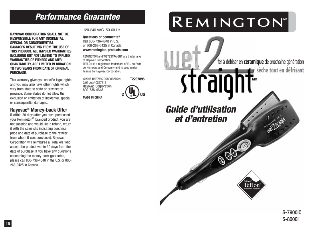 Remington S-7900iC manual Rayovac Money-back Offer, VAC 50-60 Hz 