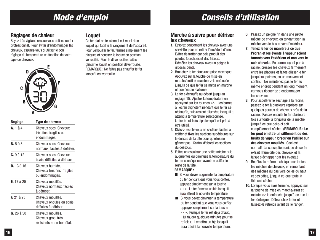 Remington S-7900iC manual Mode d’emploi Conseils d’utilisation, Réglages de chaleur, Loquet, Réglage Type de cheveux 