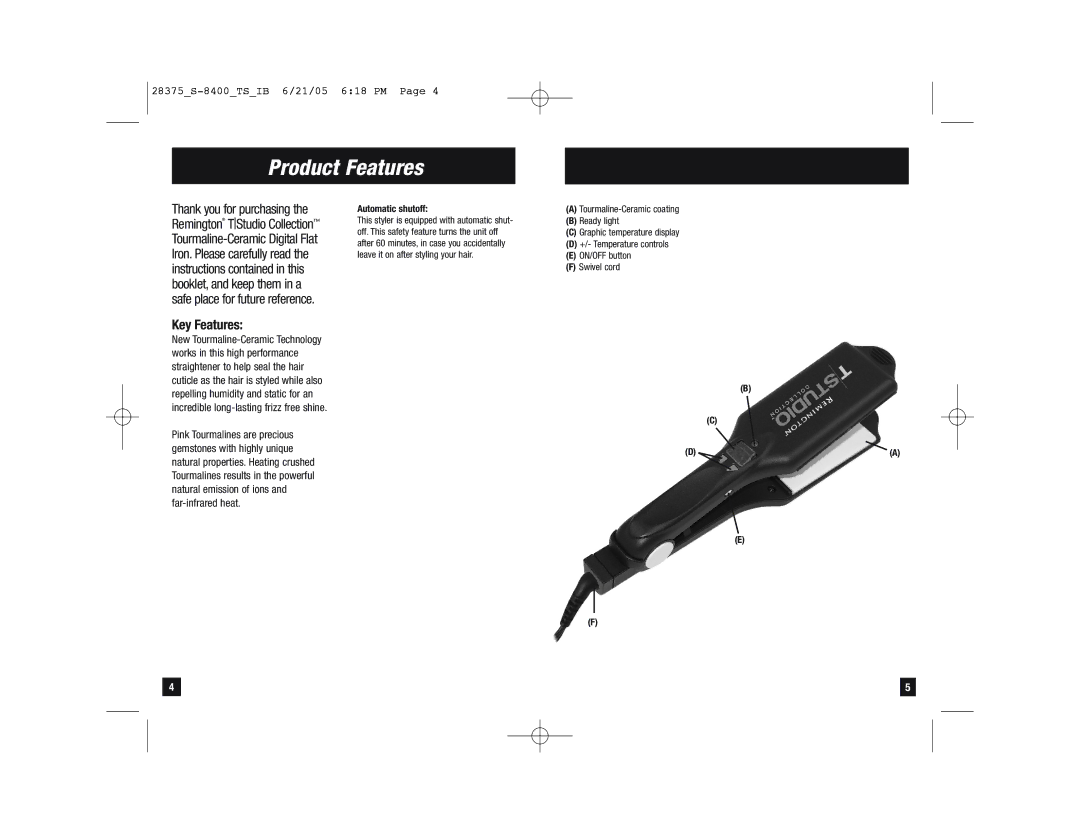 Remington S-8400 manual Product Features, Key Features, Automatic shutoff 