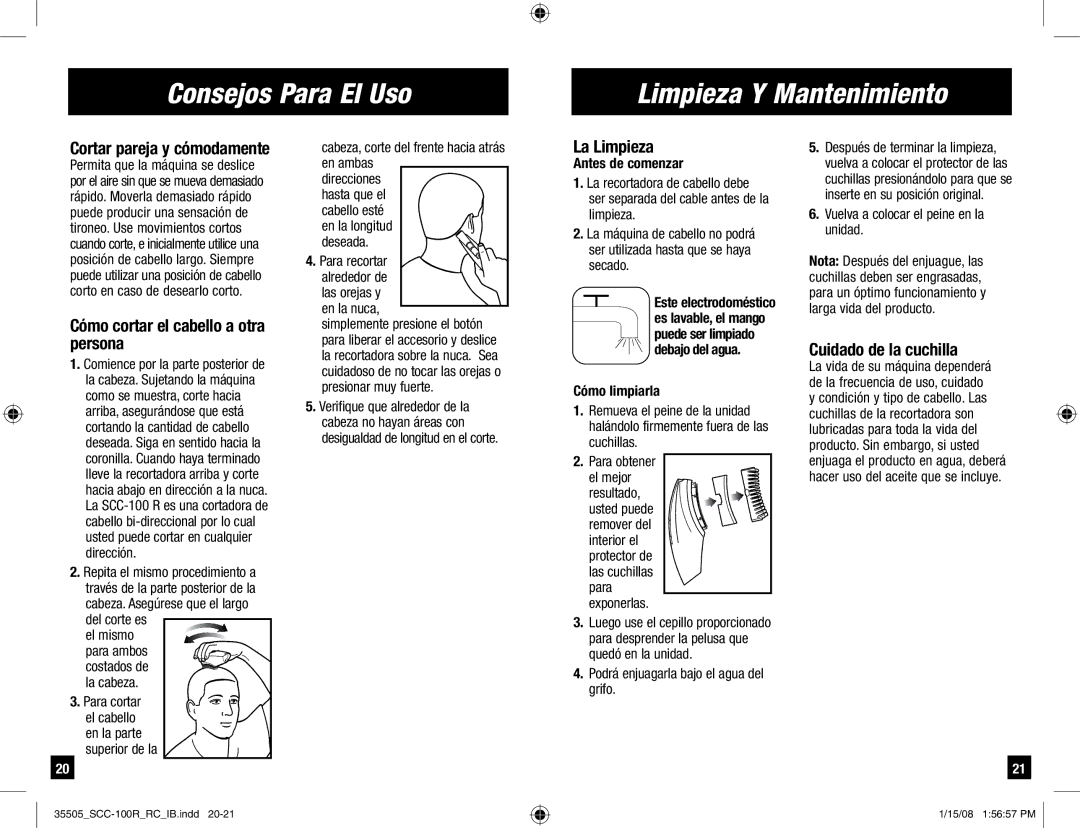 Remington SCC-100R manual Consejos Para El Uso Limpieza Y Mantenimiento, Cómo cortar el cabello a otra persona, La Limpieza 