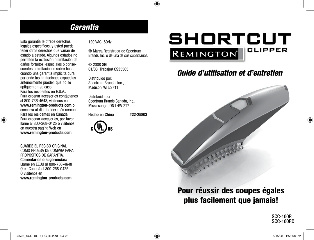 Remington SCC-100R manual Garantía, Para los residentes en E.U.A, Hecho en China 