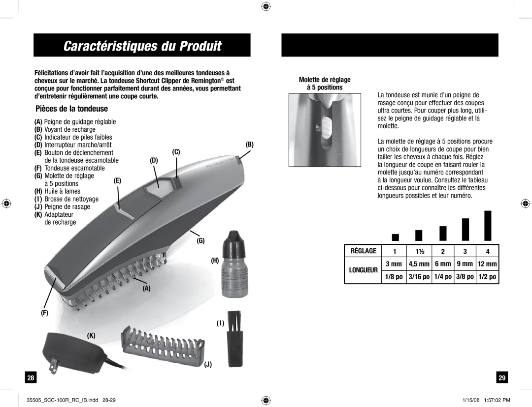 Remington SCC-100R manual Caractéristiques du Produit, Pièces de la tondeuse, De la tondeuse escamotable 