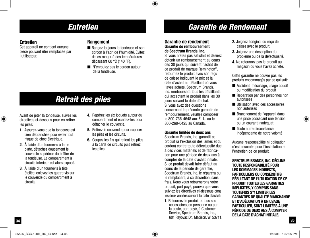 Remington SCC-100R manual Entretien Garantie de Rendement, Retrait des piles, Rangement, Garantie de rendement 