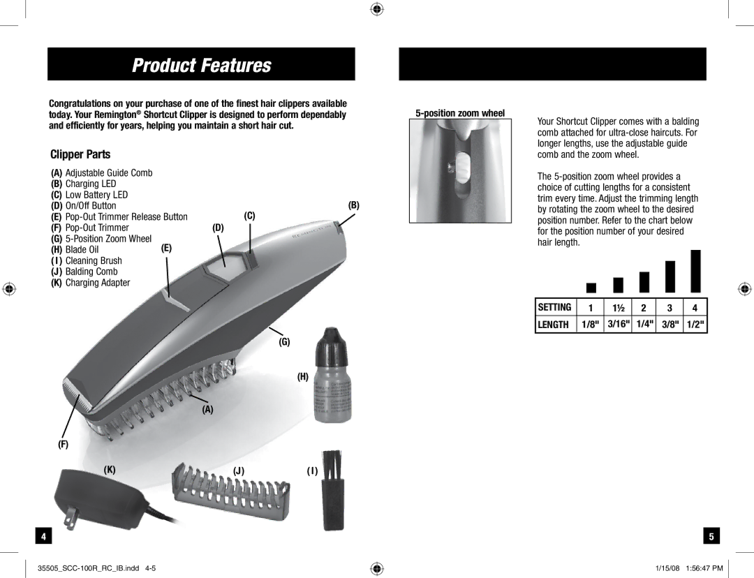 Remington SCC-100R manual Product Features, Clipper Parts 