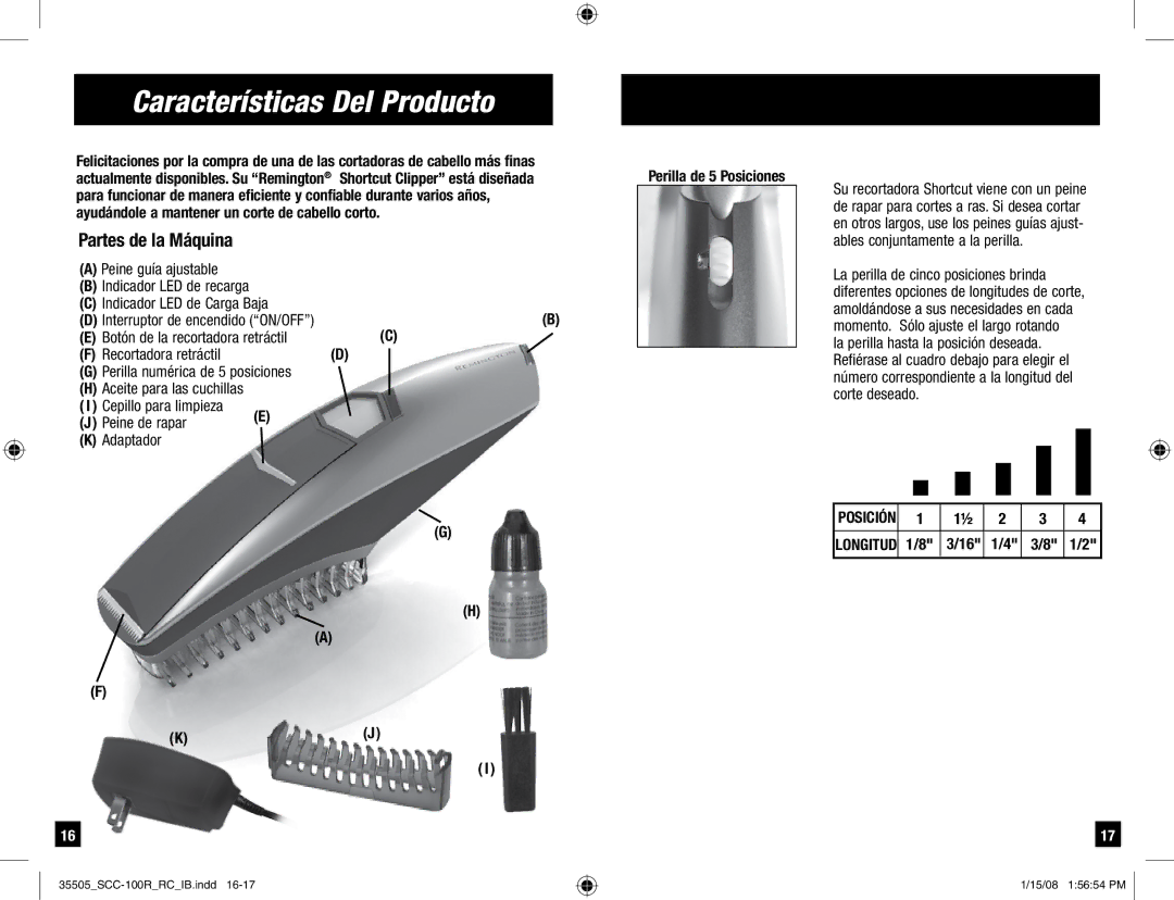 Remington SCC-100R Características Del Producto, Partes de la Máquina, Perilla de 5 Posiciones, Recortadora retráctil 