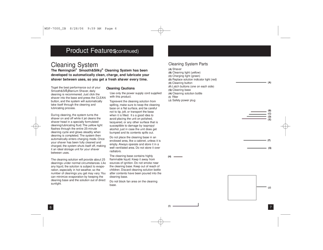 Remington shaver manual Cleaning System Parts, Cleaning Cautions 