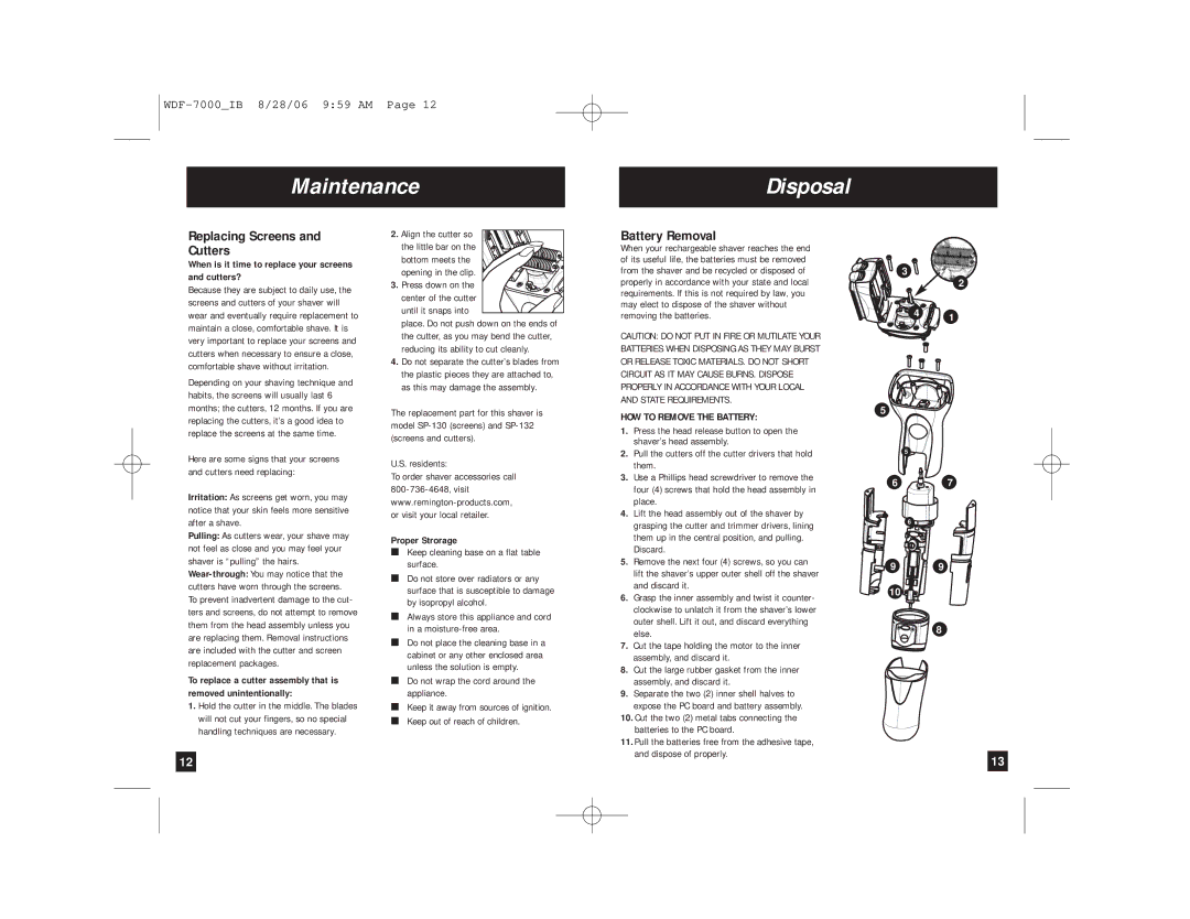 Remington shaver manual Maintenance Disposal, Replacing Screens and Cutters, Battery Removal, Proper Strorage 